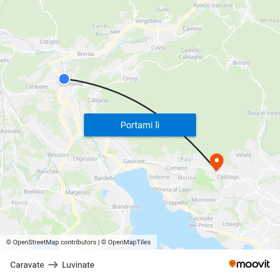 Caravate to Luvinate map