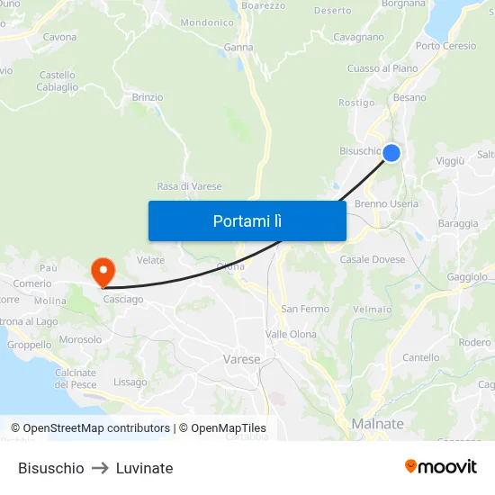 Bisuschio to Luvinate map