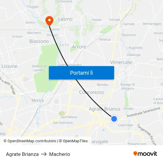 Agrate Brianza to Macherio map