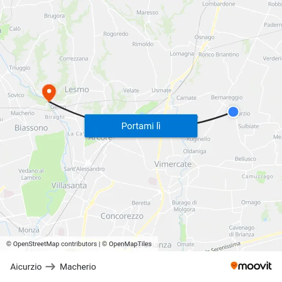 Aicurzio to Macherio map