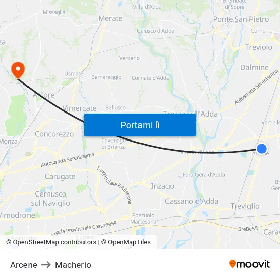 Arcene to Macherio map