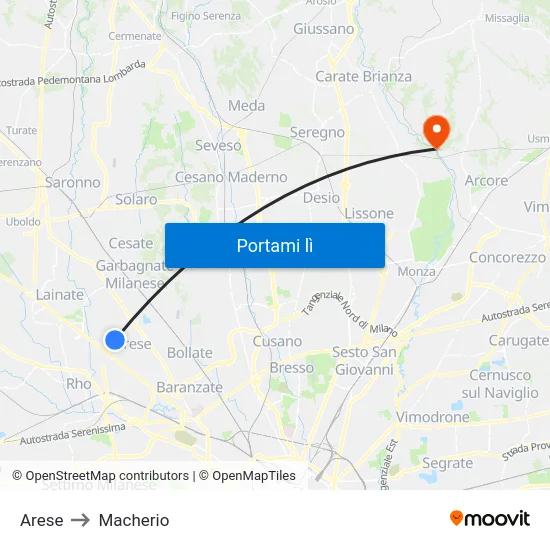 Arese to Macherio map