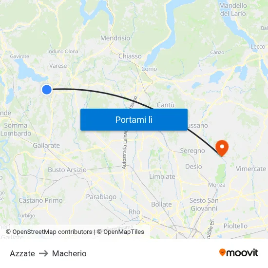 Azzate to Macherio map