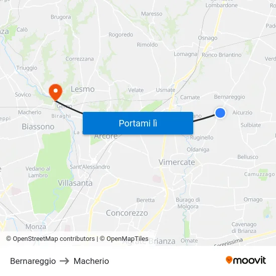 Bernareggio to Macherio map