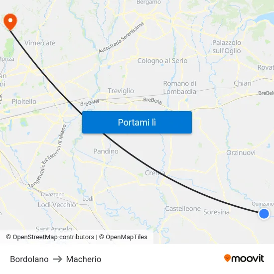 Bordolano to Macherio map