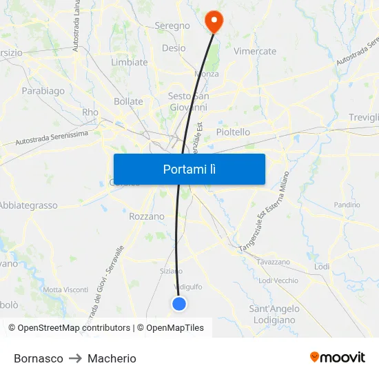 Bornasco to Macherio map