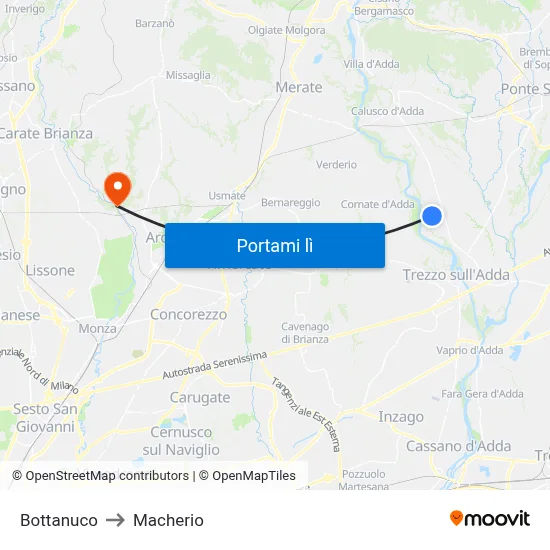 Bottanuco to Macherio map
