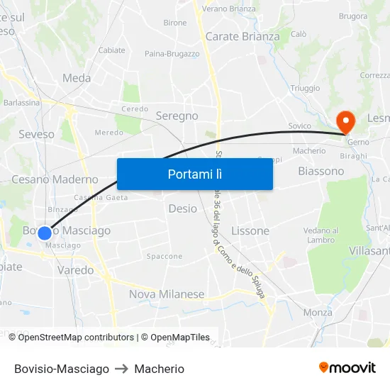 Bovisio-Masciago to Macherio map