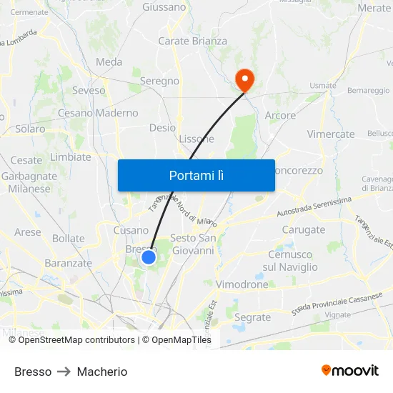 Bresso to Macherio map