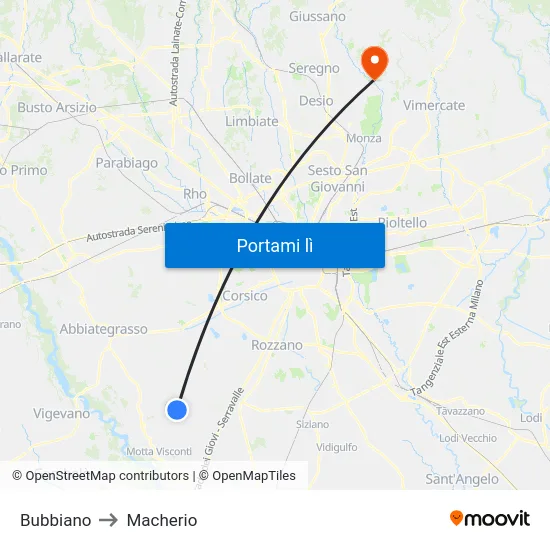 Bubbiano to Macherio map