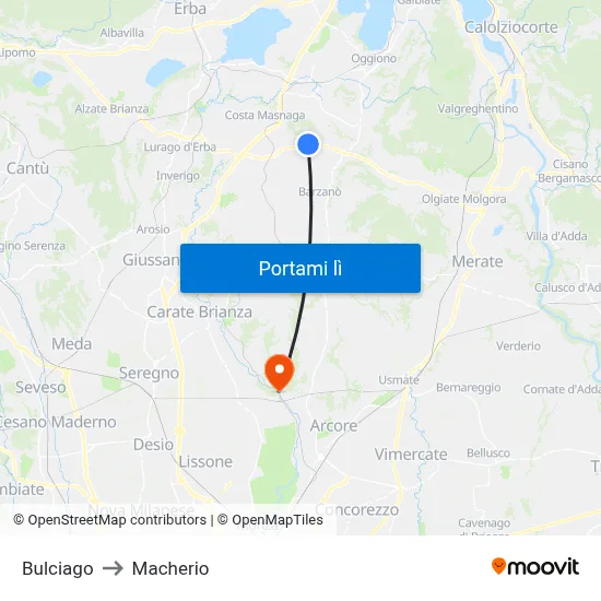 Bulciago to Macherio map