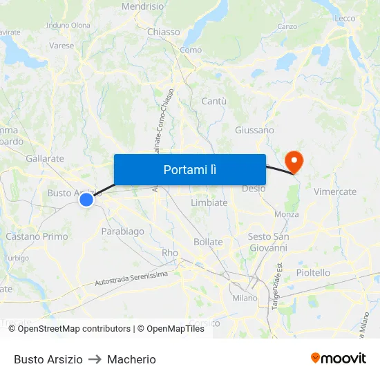 Busto Arsizio to Macherio map