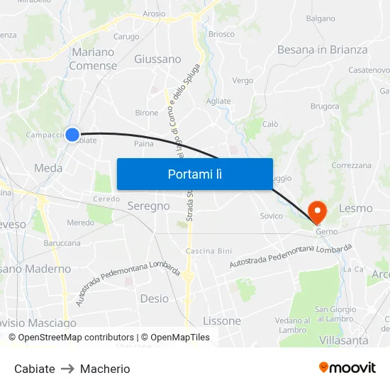 Cabiate to Macherio map