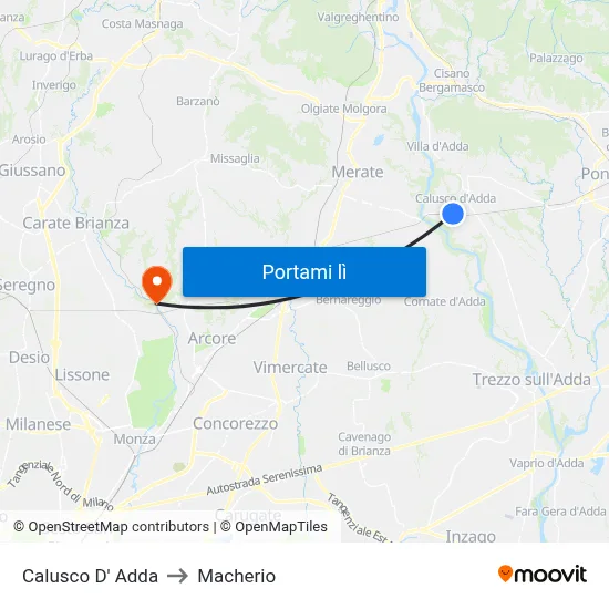 Calusco D' Adda to Macherio map