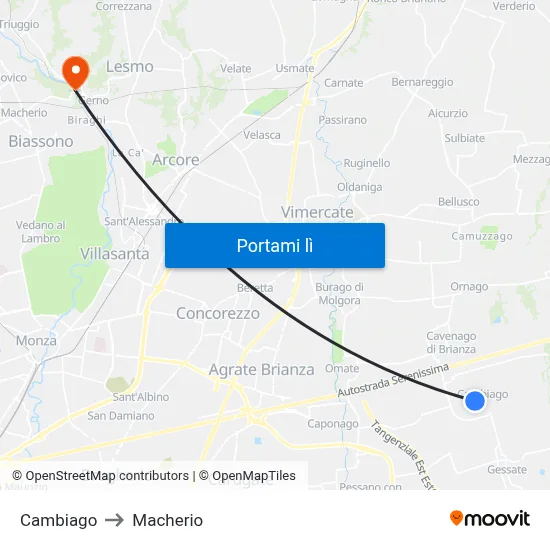 Cambiago to Macherio map