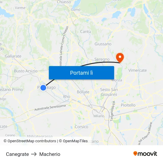 Canegrate to Macherio map