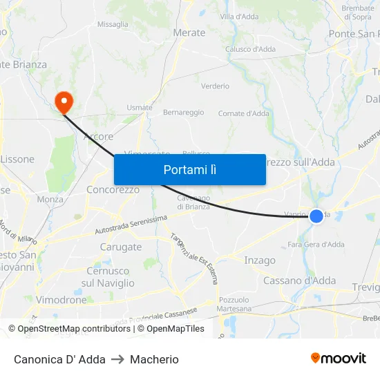 Canonica D' Adda to Macherio map