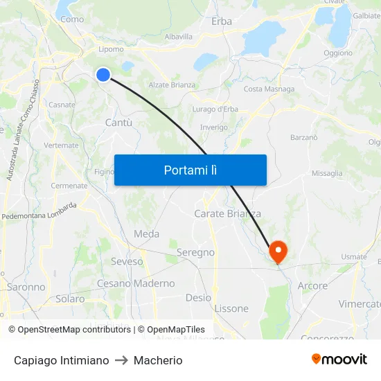 Capiago Intimiano to Macherio map