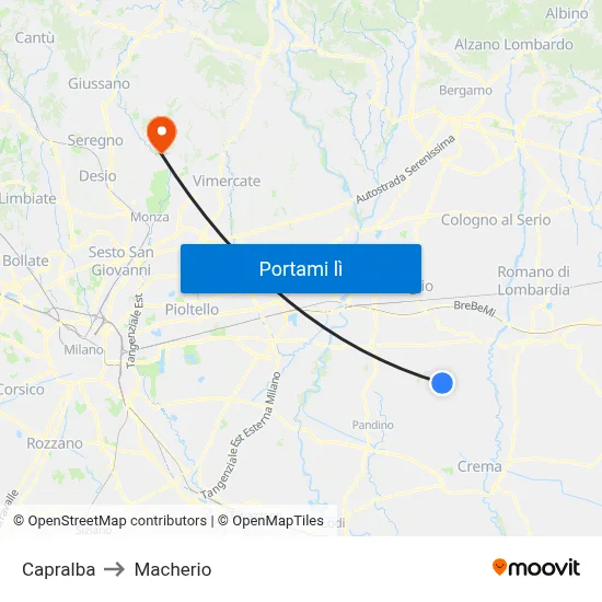 Capralba to Macherio map