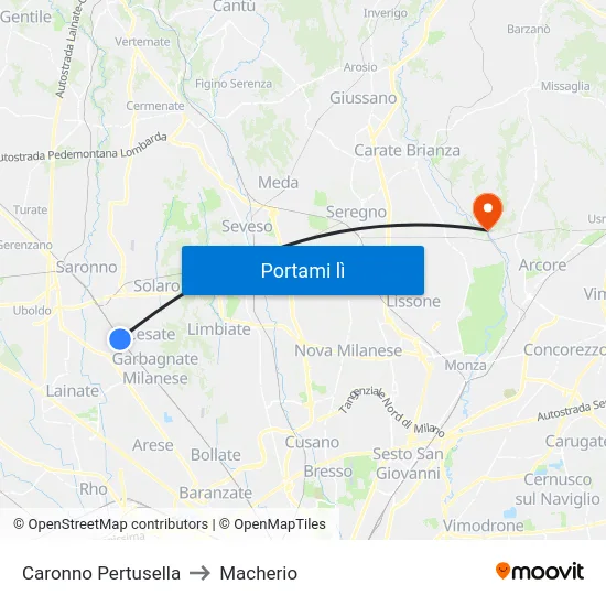 Caronno Pertusella to Macherio map