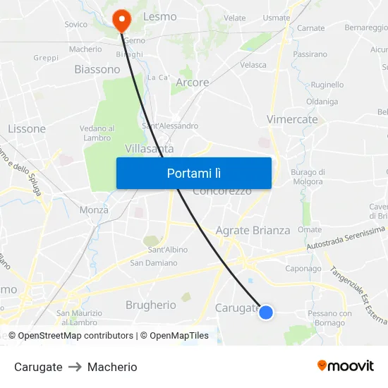 Carugate to Macherio map