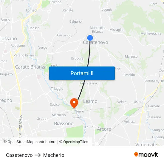 Casatenovo to Macherio map