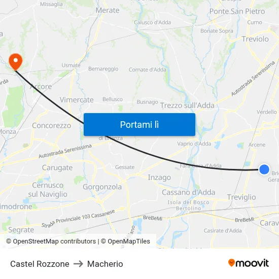 Castel Rozzone to Macherio map