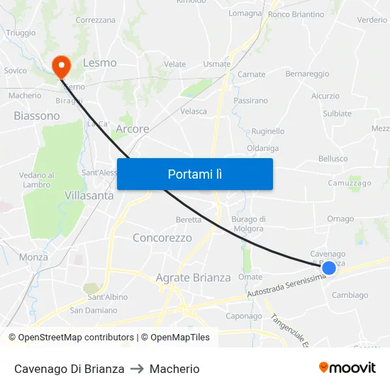 Cavenago Di Brianza to Macherio map