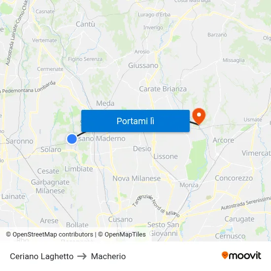Ceriano Laghetto to Macherio map