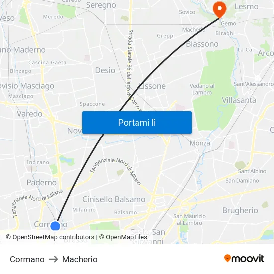 Cormano to Macherio map