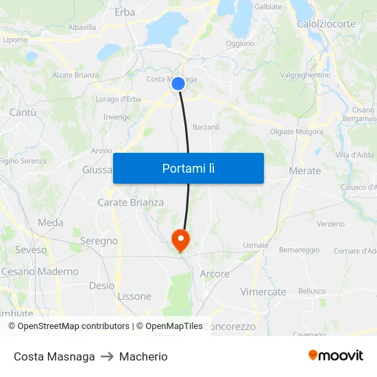 Costa Masnaga to Macherio map