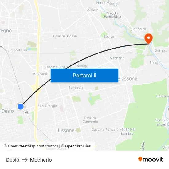 Desio to Macherio map