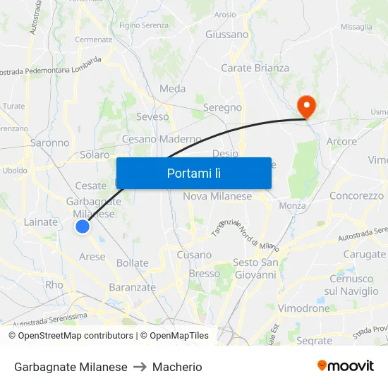 Garbagnate Milanese to Macherio map