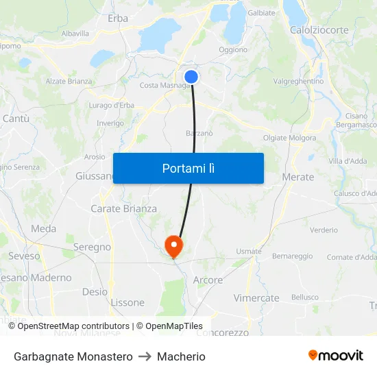 Garbagnate Monastero to Macherio map