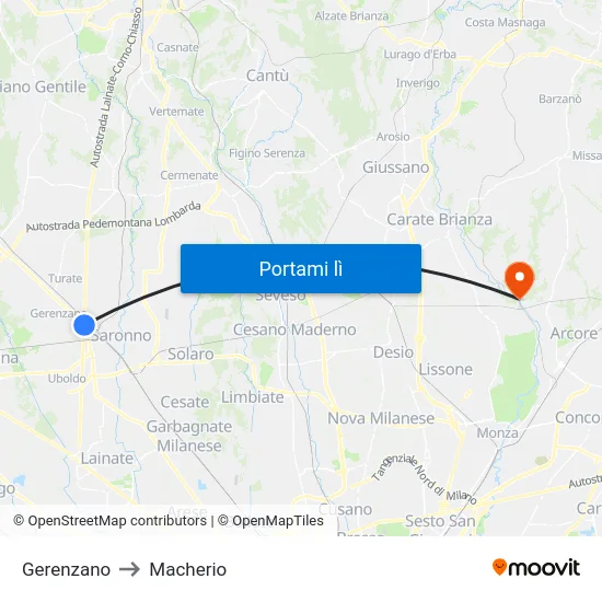 Gerenzano to Macherio map