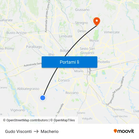 Gudo Visconti to Macherio map