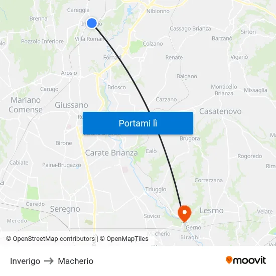 Inverigo to Macherio map