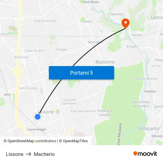 Lissone to Macherio map