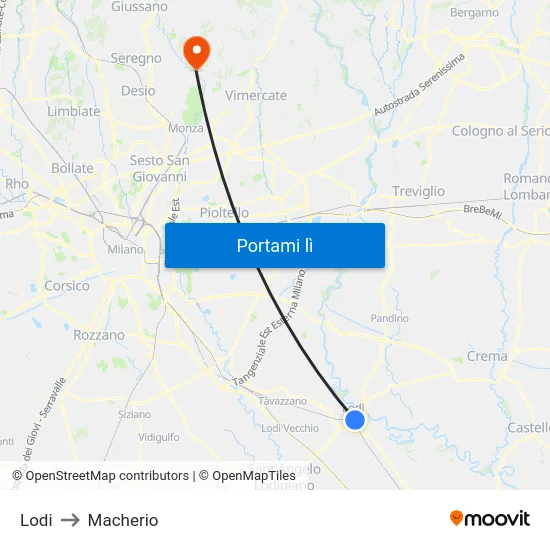 Lodi to Macherio map