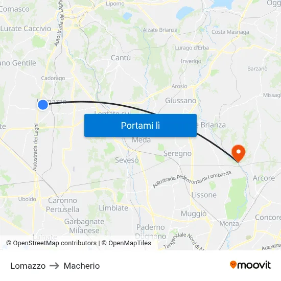 Lomazzo to Macherio map