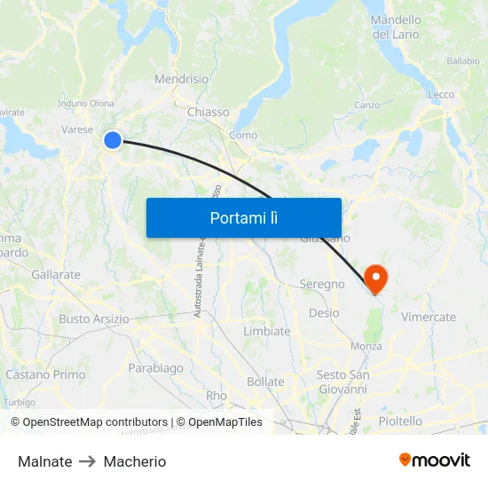 Malnate to Macherio map