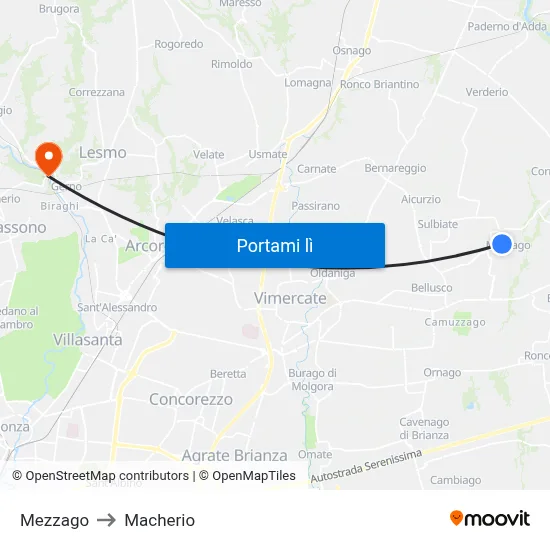Mezzago to Macherio map