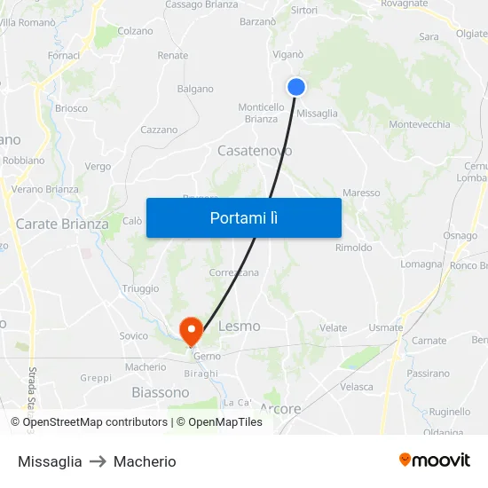 Missaglia to Macherio map