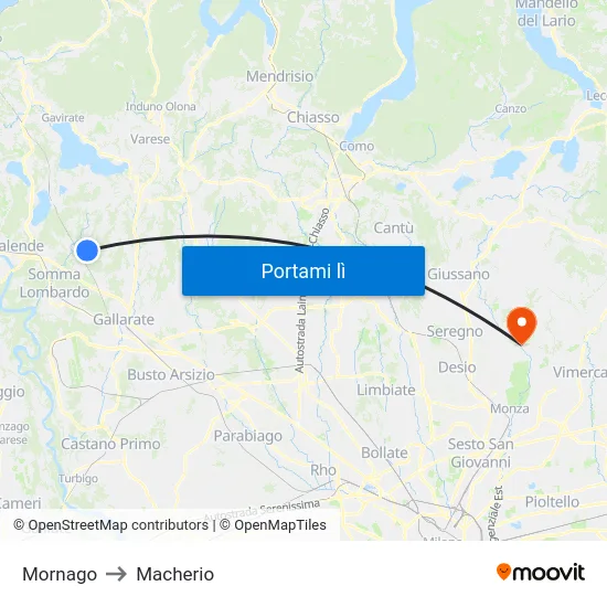 Mornago to Macherio map