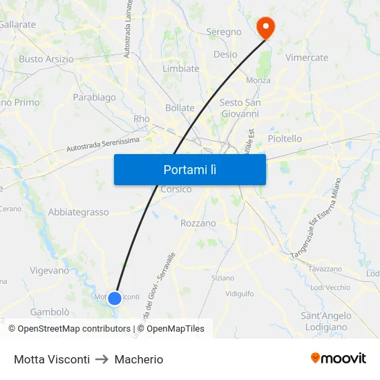 Motta Visconti to Macherio map