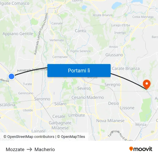 Mozzate to Macherio map