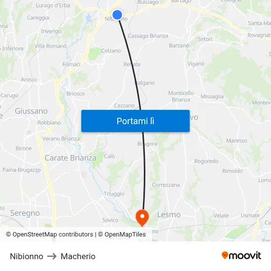 Nibionno to Macherio map
