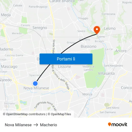 Nova Milanese to Macherio map