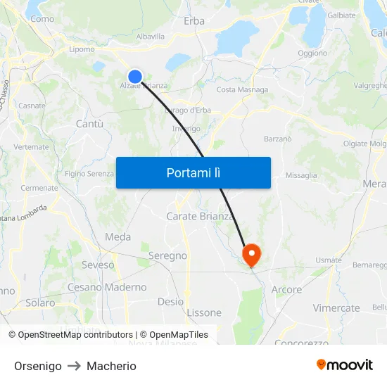 Orsenigo to Macherio map