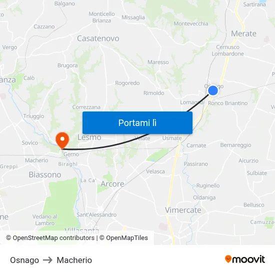 Osnago to Macherio map